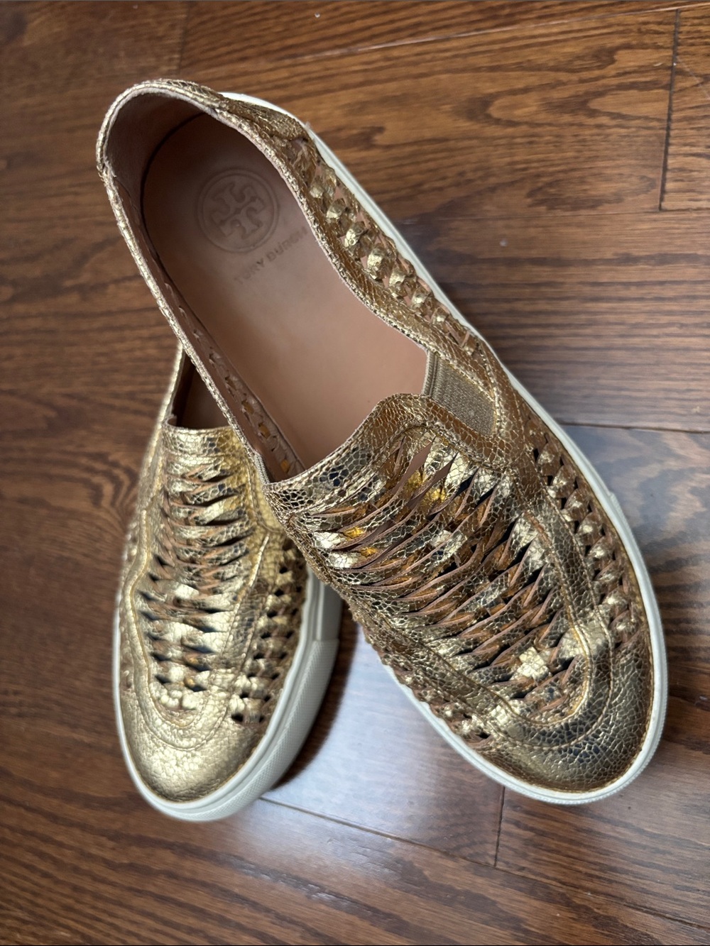 Tory Burch Metallic Gold Woven Leather Slip-On Sneakers